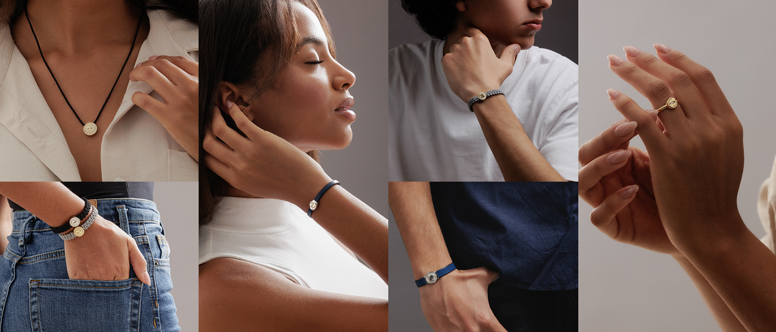 Joolets collection: rings, bracelets, and necklaces in sterling silver, styled with interchangeable Joollions.