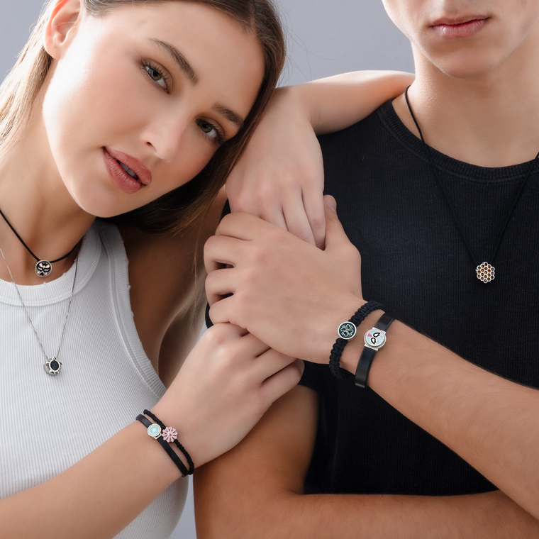 Joolets collection: rings, bracelets, and necklaces in sterling silver, plated in platinum or 18k gold, styled with interchangeable Joollions.